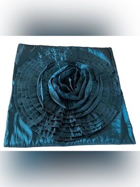 Raw Silk(?) Decorative 3D Teal Rose Pillow Cover EUC